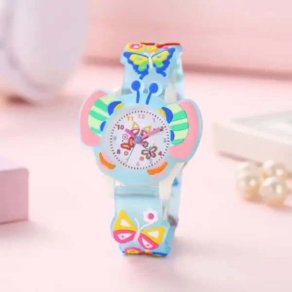 Multi color 3D new children's cartoon butterfly design transparent strap student cute silicone watch