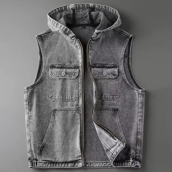 American Style Hooded Denim Vest Men's Trendy Loose Motorcycle Zipper Cool Jacket Outerwear Summer Vintage Casual Vest