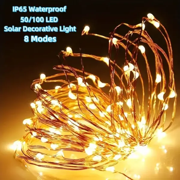 1PC 50/100 LED Solar Copper Wire String Lights with 8 Modes Outdoor Decorative Lighting for Garden Courtyard Parties Weddings