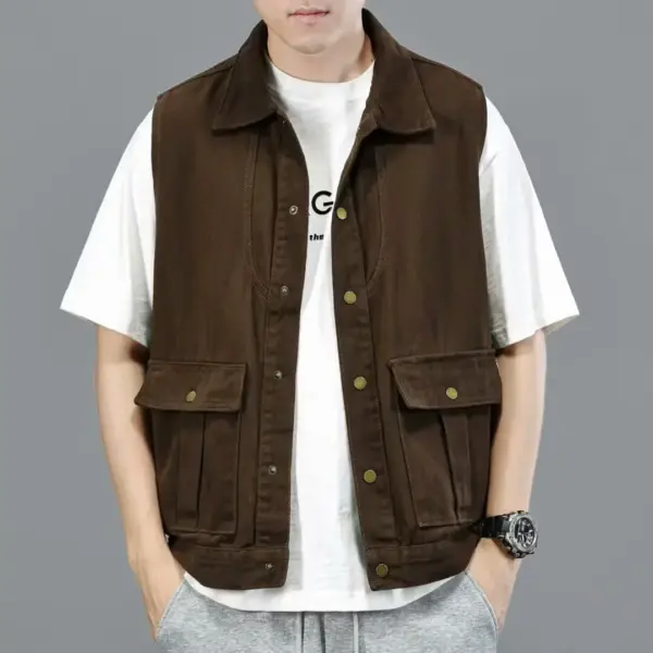 Spring Autumn Loose Fit American Collar Sleeveless Multi-Pocket Denim Vest Men's Trendy Brand Versatile Retro Outerwear