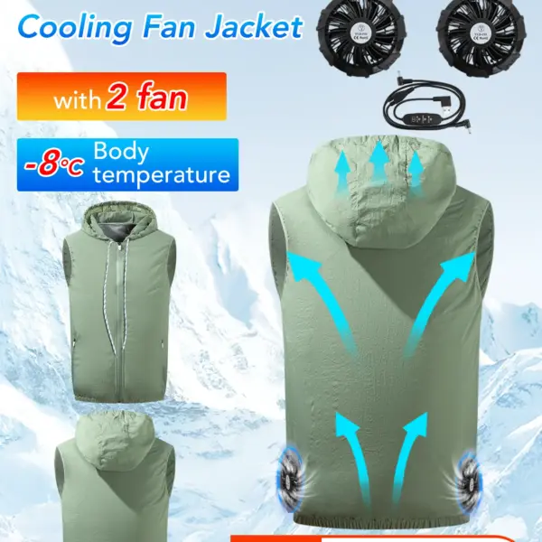 Hooded fan vest, Cooling fan clothing with 2 fans, 9-blade fan can adjust the air volume of 3 gear, summer clothing,