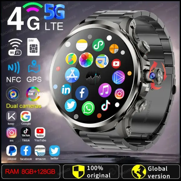5G/4G Android 9.0 Smart Watch 1.95 inch AMOLED 1880mah Battery 900W Camera 8GB+128GB RAM WIFI Google APP Download GPS Smartwatch