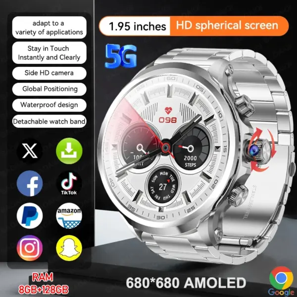 5G/4G Smart Watch 1.95 inch 680*680 AMOLED Screen 8GB+128GB RAM 900W Camera GPS WIFI Google APPS Download Android 9.0 Smartwatch
