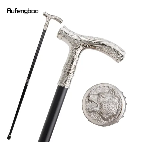 White Roaring Bear Head Flower Totem Relief Walking Cane Fashion Walking Stick Gentleman Crosier Knob Walking Stick 93cm