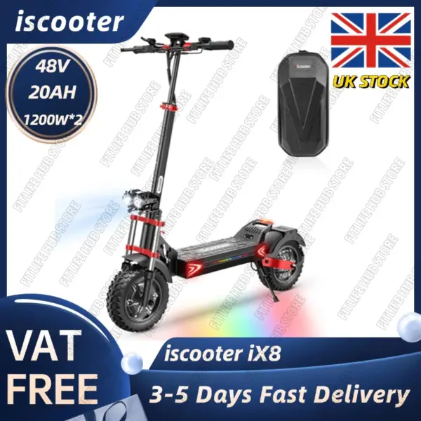 iScooter iX8 Electric Scooter 2*1200W Motor 48V 20AH Battery 12-inch Tire Dual Hydraulic Disc Brakes Front & Rear Suspensio