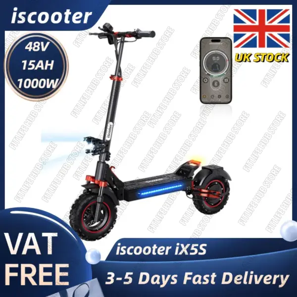 iScooter iX5S Electric Scooter 1000W EScooter 48V 15Ah 25km/h Speed Range 60-65km Powerful 11Inch Foldable Electric Kick Scooter