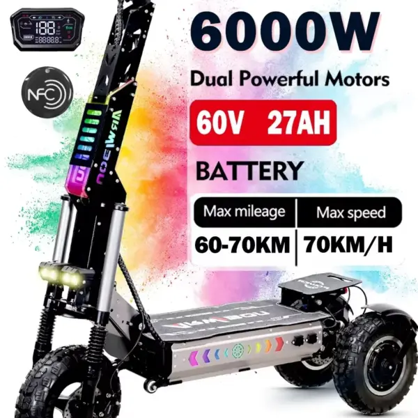 MT30 EU new 6000w dual motor 60v 27ah 3 wheel electric scooter 13 inch tyres max speed 70km/h foldable escoorer NFC card unlock