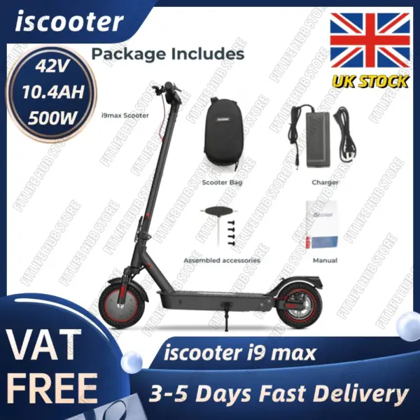 iScooter i9 MAX Electric Scooter 10”Tire 500W Motor Electric Scooters Adult with Bag Fast E Scooter 30-40km Range with APP Dual