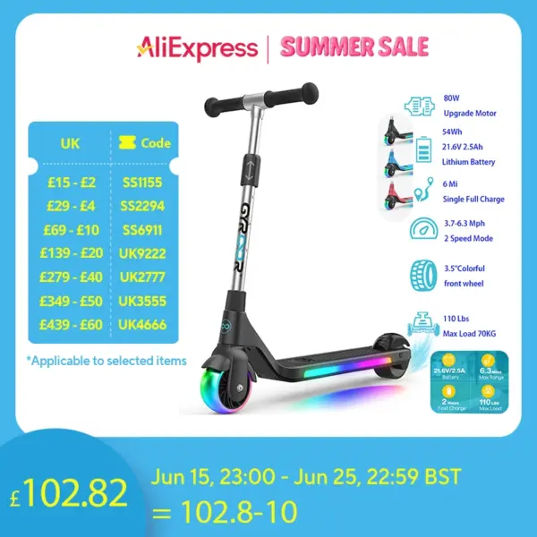 Electric scooters for kids/Teens with Lightweight and Adjustable Handlebar, 80W Motor, 6.3 miles max range, 2 hours fast charge