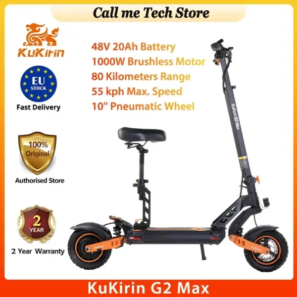 KuKirin G2 Max With Seats Electric Scooter 10 "Off-road Tires 1000W 55 Km/h Max Speed 48V 20Ah 80km Range Detachable Seat