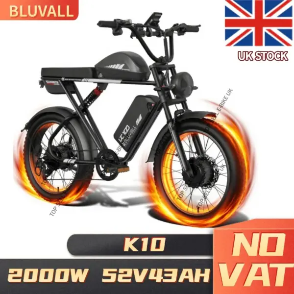 BLUVALL K10 2000W Dual Motor E-Bike 55KM/H 120KM PAS Range 20x4.0 Tires SHIMANO 7-Speed 43Ah Dual Batteries Electric motorcycle