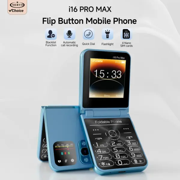 SERVO i16 PRO MAX Flip Phone 4 SIM Card GSM Electric Torch Automatic Call Recording 2.6 Inch Screen Foldable Mobile Phone Type-C