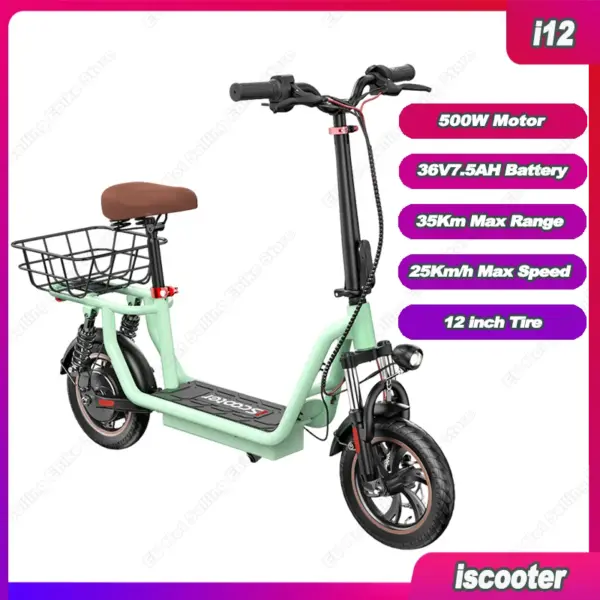 iScooter i12 Foldable Electric Scooter 500W Max Speed 25Km/h 12" EScooter 36V7.5Ah Battery 35Km Max Range with Basket E-Scooter