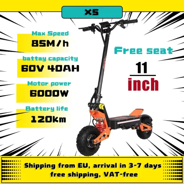 EU 2024 X5 6000W 60V Electric Scooter Dual Motor Dual Suspension Shock Absorption Max Speed 95km/h 11 inch Max Mileage 90KM