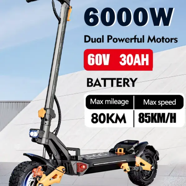 2025 New 6000w Dual Motor 60v 30ah Electric Scooter Max Speed 80km/h Range 75km Foldable 11 Inch Off-road Tires Electric Scooter