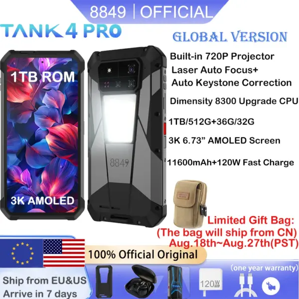 8849 Tank 4 Pro Unihertz 5G Rugged Projector Smartphone 1TB 36G Android 14 Sports Phone 11600mAh Dimensity8300 AMOLED 120HZ