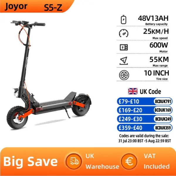 JOYOR S5-Z Adult Electric Scooter 600W Motor 48V13AH Battery Foldable E-Scooter 10" Off-Road Air Tire City EScooter