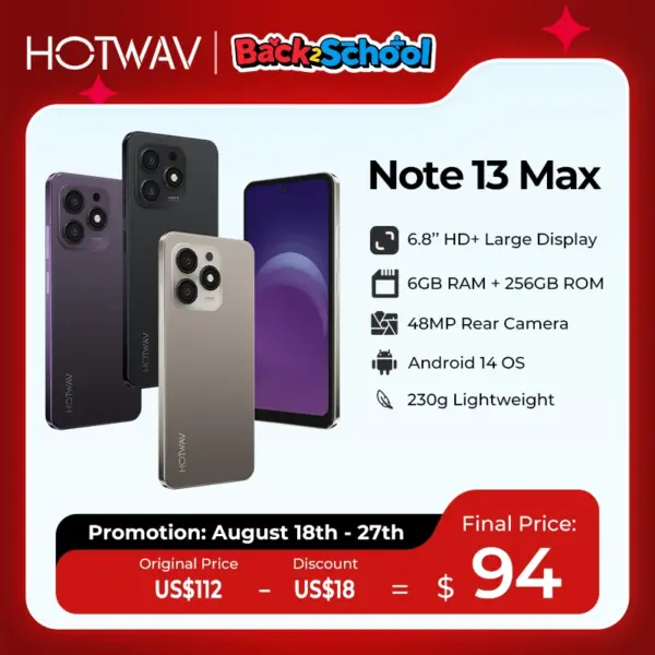 HOTWAV Note 13 Max Mobile Phone Android 14 6.8'' HD+ 16(6+10)GB 256GB Cellphone 48MP 5160mAh 9.2mm Ultra-Thin Smartphone
