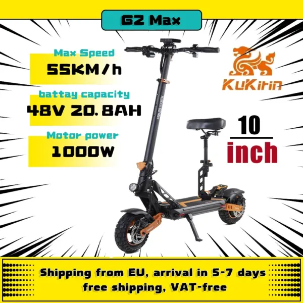 EU KuKirin G2 Max Electric Scooter 48V 20Ah Battery 80KM Range Kickscooter 1000W Power 55KM/H Top Speed 10" Tires Escooter