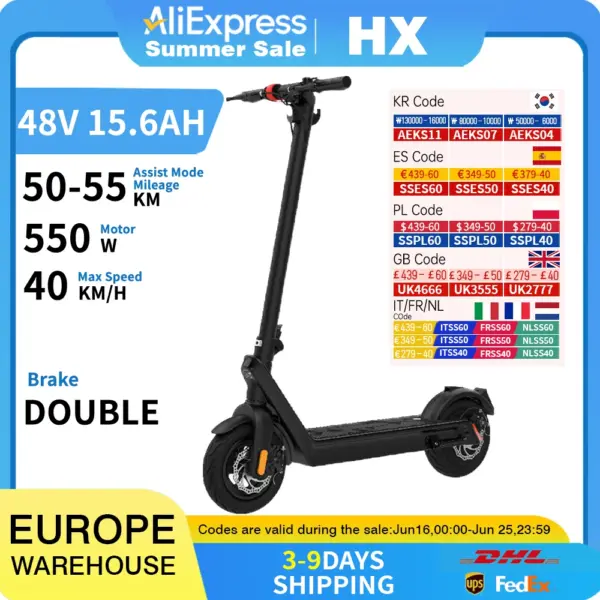 HX X9 Adult Electric Scooter 15.6AH 550W 48V 40KM/H Foldable Electric Kick Scooter 10 Inch E Scooter Electric Skateboard