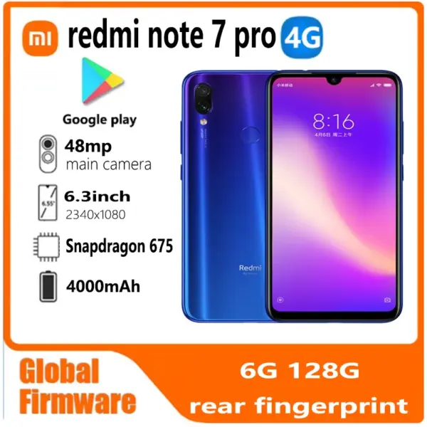 xiaomi redmi note 7 pro smartphone Global firmware Qualcomm Snapdragon 675 6.3-inch 48MP rear fingerprint 2340x1080 used phone