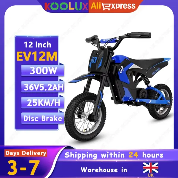Electric Moto for Kids EV12M - 300W Motor, Max Speed 25 km/h, 15 km Range, 12 Inch Tires, Dirt Bike for Ages 3-12