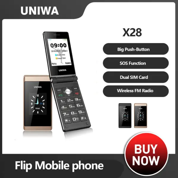UNIWA X28 Big Push-Button Phone Senior Flip Mobile Phone GSM Dual Sim FM Radio Russian Hebrew Keyboard Clamshell Cellphone