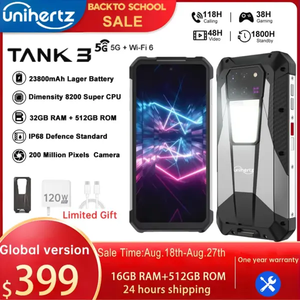 US AU EU Stock Unihertz 8849 Tank 3 Rugged 5G Smartphone 32GB 512GB 23800mAh 120W Charger Dimensity 8200 200MP 120Hz Cell Phone