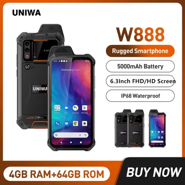 UNIWA W888 Waterproof Smartphone 4GB+64GB 6.3Inch FHD/HD 4G Walkie Talkie PTT Cellphone 5000mAh NFC Andriod 11 Mobile Phone ATEX