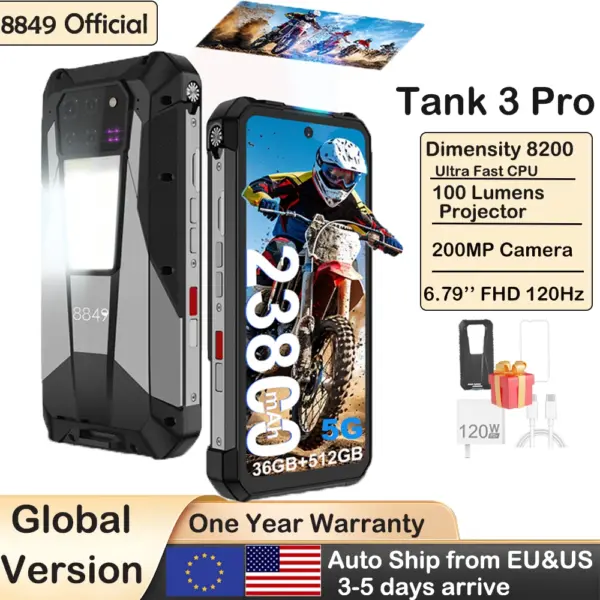 8849 Tank 3 Pro Unihertz Rugged Projector Smartphone 23800mAh 5G Android14 Outdoor Phone 512GB+36GB 120W Fast Charging Dual Sim