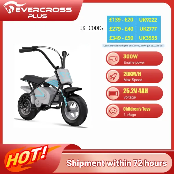 EVERCROSS PLUS EV07M Electric Dirt Bike for Kids, Speed Up to 20 km/h, 10 km Range, 11" Wheels, Suitable for Children 3-12 Years