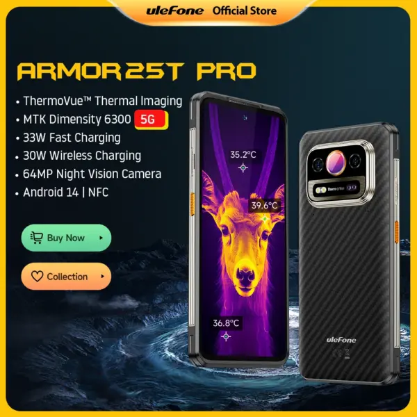 Ulefone Armor 25T Pro 5G Thermal Imaging Rugged Phone Android 14 33W 64MP Night Vision Mobile Phone NFC Waterproof Smartphone