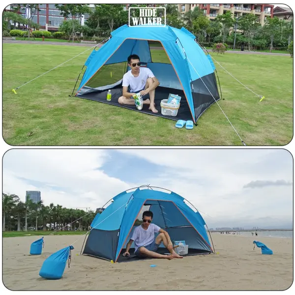 Family Summer Beach Tent Sun Shelters with Frame Sun Shade with Sandbag Foldable for 4 Persons Portable Canopy Easy Setup