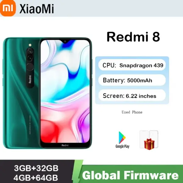 6.22-inch Xiaomi Redmi 8 smartphone Global firmware dual SIM card12MP+2MP+8MP screen Snapdragon 439 eight core 4G LTE used phone