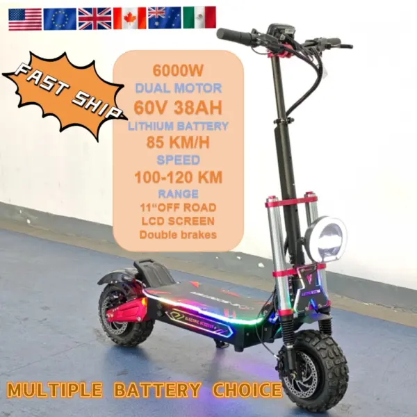 New 6000W Dual Motor 60V 38AH Electric Scooter 11 inch Off-Road Tyres with Seat Max Speed 85km/h LCD Display Foldable Escooter