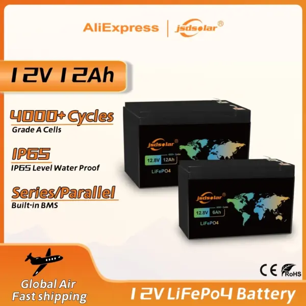 New jsdsolar 12V 6Ah 12Ah LiFePo4 Battery Pack Built-in BMS Rechargeable Battery for Kid Scooters Boat Motorcycle Free Tax