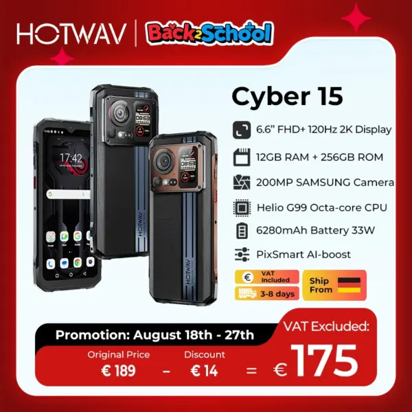 [Ship from Germany] HOTWAV Cyber 15 Rugged Phone G99 200MP PixSmart 6.6'' 2K 120Hz Smartphone 24(12+12)GB 256GB Mobile Phone