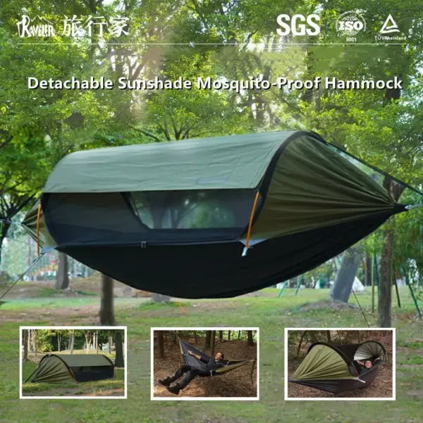 70D Nylon3-in-1 Anti-Roll Camping Hammock with Mosquito Net & Sun Shield - convertible to Swing or Lightweight Ground Tet