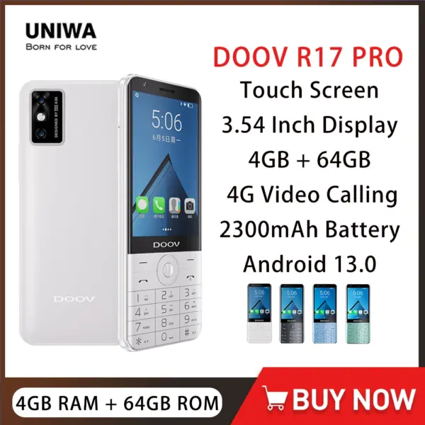 UNIWA DOOV R17 Pro 4G Smart Touch Screen Keypad Mobile Phone Android 13 3.54" 4GB RAM+64GB ROM 2300mAh Whatsapp Hebrew keyboard