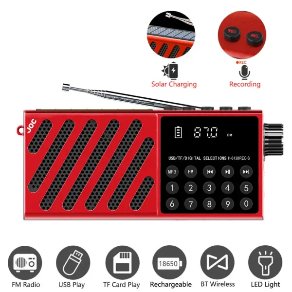 Solar FM Radio Portable Recargable Bluetooth Speaker USB TF Card Player with LED Lighting Recording Outdoor Radio FM Receiver