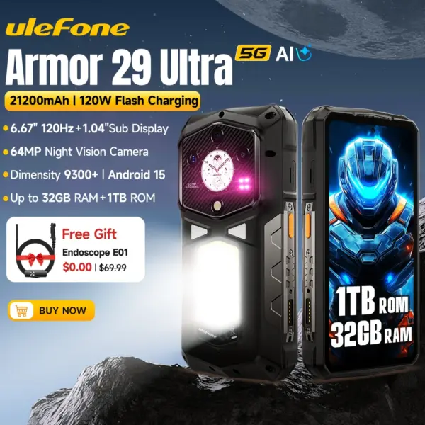 【2025 New】Ulefone Armor 29 Ultra 5G Rugged Phone Smartphone Android 15 32GB+1TB 21200mAh 120W Flash Charging Dual Screen NFC