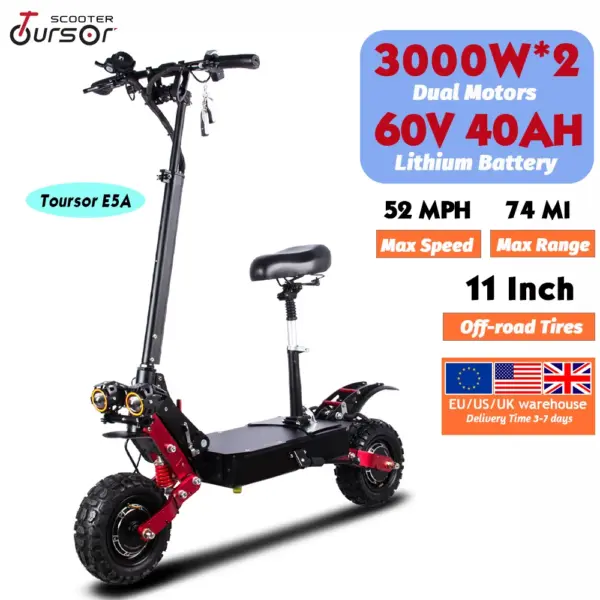 6000W 60V 40AH Dual Motor Electric Scooter For Adult Dual Suspension Max Speed 85km/h Hydraulic brake 11inch Foldable Escooter