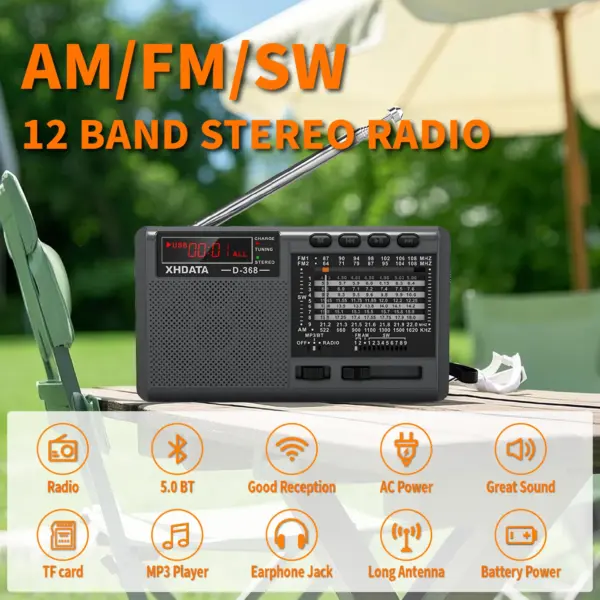 XHDATA D-368 Portable Stereo Radio FM AM SW MP3 Player with Bluetooth TF Card USB Playback 4Ω 3W Speaker Rechargeable Battery