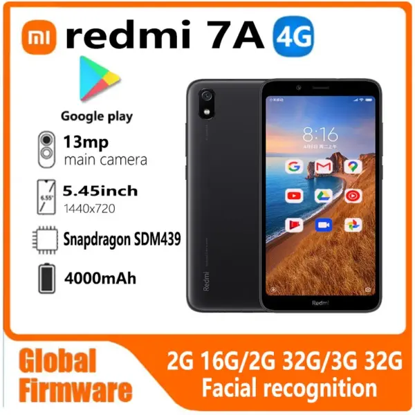 Xiaomi Redmi 7A smartphone Global firmware 4G 5.45 inche 1440×720 13MP Qualcomm Snapdragon 439 facial recognition used phone