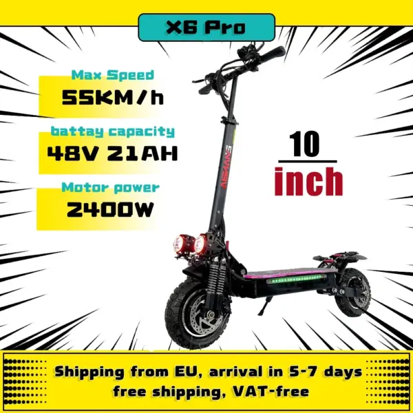 EU Fast Shipping Duty Free x6 PRo Electric Scooter 48V 21AH Dual Motors 2400W 10 Inch Off-Road Tire Adult Foldable Dual Motors