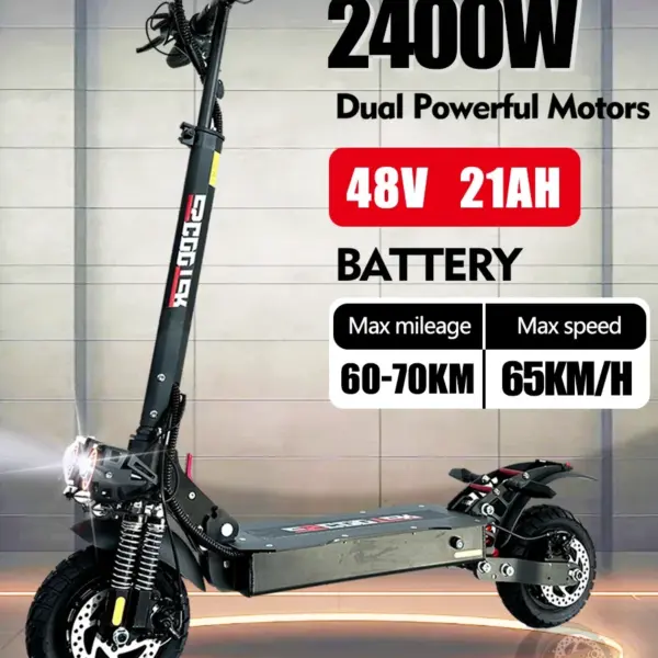 2025 New 2400W Dual Motor 48v 21ah Electric Scooter Max Speed 70km/h Range 70km 10 Inch Off-road Tyres Foldable Electric Scooter