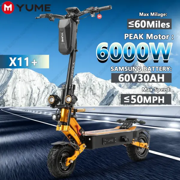 E-Scooter YUME X11+ 6000W Peak Motor Scooter Max Speed 50MPH 50/60 Miles 60V 27/30AH for Adults 11" Inch Tire Electric Scooter
