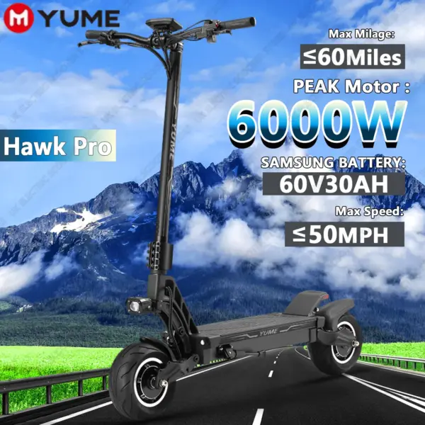 E-Scooter 6000W Peak Motor Max Speed 50MPH 50/60 Miles 60V 27/30AH Battery for Adults 10*4.5 Wide Wheel Tires Electric Scooter