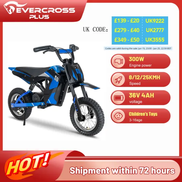 EVERCROSS PLUS Electric Moto for Kids EV12M - 300W Motor, Max Speed 25 km/h, 15 km Range, 12 Inch Tires, Dirt Bike for Ages 3-12