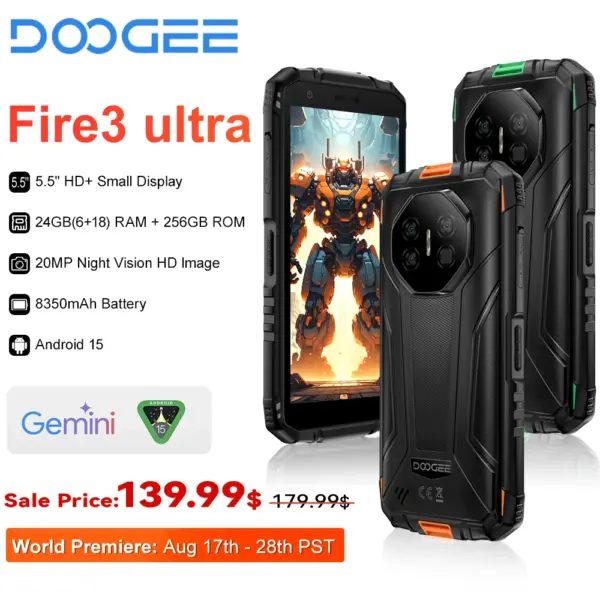 World Premiere DOOGEE Fire 3 Ultra Rugged Phone 5.5" HD 24GB RAM 256GB ROM Telephone Portable 8350mAh Smartphone Android 15 NFC